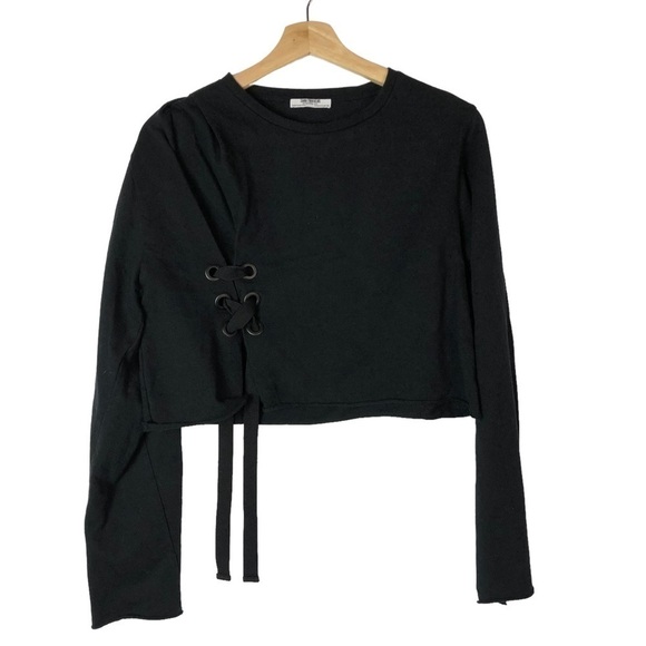 Zara Black Lace Up Side Cropped Long Sleeve Top S - Picture 1 of 3